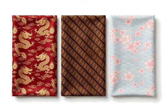 Three Traditional Asian Fabric Textures, Chinese Dragon Silk, Indonesian Batik Parang, and Japanese Sakura Wave Pattern