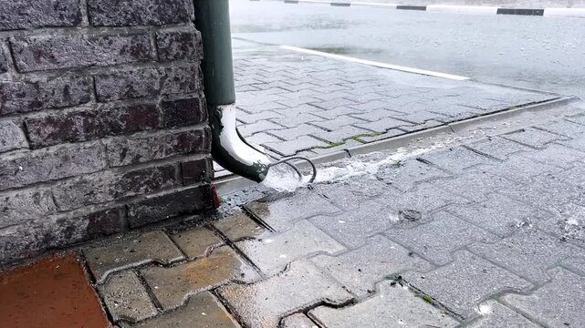 Rainwater pouring from a downspout onto a paved sidewalk beside a brick wall. Urban drainage and stormwater runoff. Wet weather infrastructure and water management