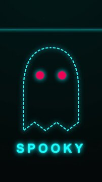 Glowing halloween lettering surrounds a neon ghost with red eyes and cyan outlines, ideal for spooky posts, videos, and promotions.