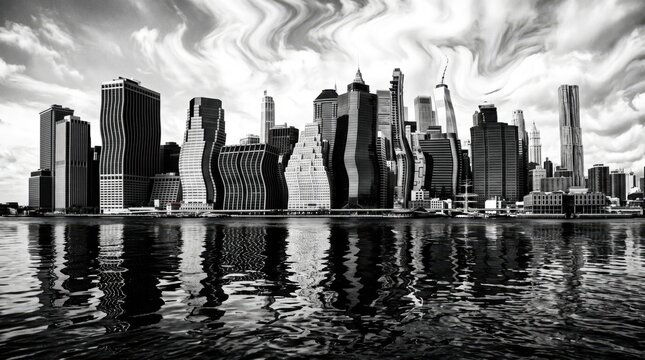 Black and white distorted skyline with wavy reflection. Modern towers are warped into rippling shapes against a bright sky. Surreal abstract composition, high contrast, dreamlike mood, realistic