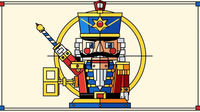 Geometric nutcracker character lifting a spear inside a target ring
