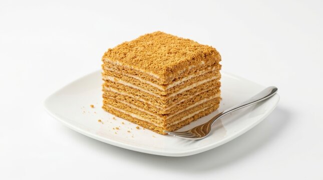 Layered honey cake slice on white plate, food photography. A square multilayer cake with thin cream layers and golden crumb topping sits on a white square dish, isolated on pure white background. Soft