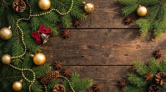 Golden Christmas baubles, star anise and fir branches on dark wooden planks, holiday flat lay photography. Shiny gold ornaments, beaded garland, red bow bell, pine cones and star anise rest on rustic