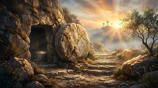 Empty tomb with rolled away stone and three crosses at sunrise