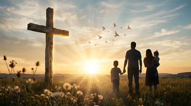 Family looking at wooden cross at sunset in meadow with flying birds