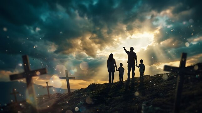 Family silhouette standing on a grassy hill with wooden crosses during a dramatic sunset with glowing light rays shining through dark clouds