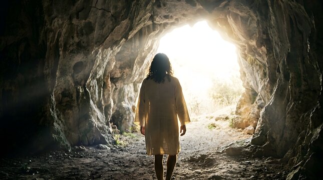Figure in robe walking out from dark rocky cave into bright daylight