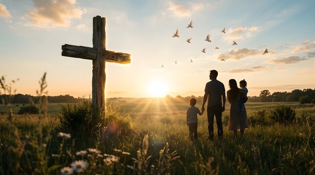 Family standing together in a grassy field looking at a large wooden cross at sunset while white birds fly across the golden glowing sky