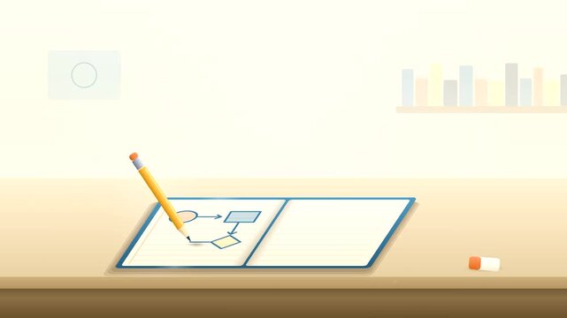 Pencil drawing a flowchart diagram in an open notebook while a light bulb rises and glows, brainstorming and idea concept, flat vector animation, 4K loop
