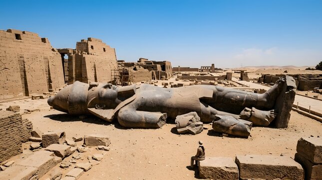 Giant fallen stone statue of ancient ruler lying in desert ruins