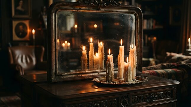 Atmospheric view of melting candles with smoke on dark background reflecting in an antique mirror