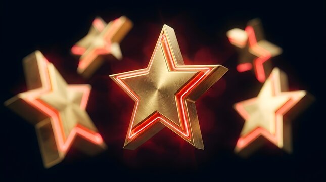 Glossy golden stars with glowing red neon trim floating in dark space