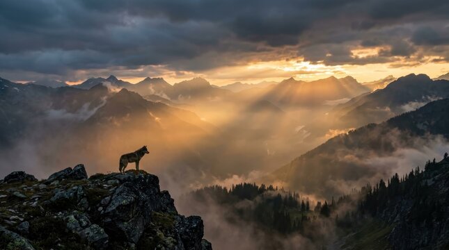 Lone wolf standing on a rocky outcrop overlooking misty mountains at sunset, wildlife landscape. Small silhouetted wolf stands alert on dark boulders in the lower left, facing distant layered alpine
