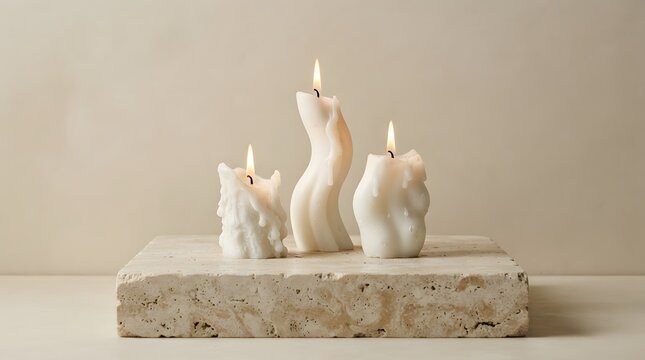 Three elegant white melting candles with smoke on dark background for a relaxing spa atmosphere