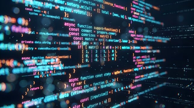 Glowing computer code lines in a dark digital space with perspective and soft bokeh effects for software development concepts