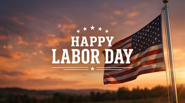 American flag waving on a pole during sunset with labor day text
