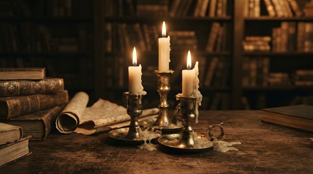Three burning melting candles with smoke on dark background in an old vintage library setting