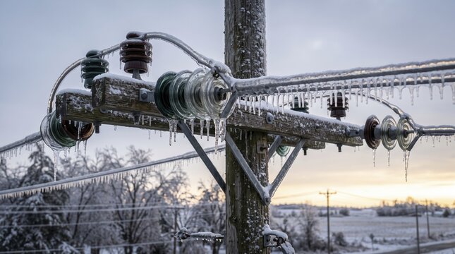 Ice coated power lines hang heavily from wooden utility pole during freezing winter morning; thick clear icicles cling to electrical cables, glass insulators and snow dusted crossarm structure.