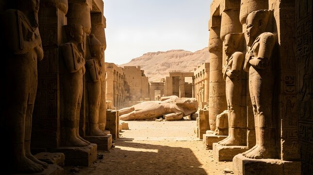 Ancient stone temple interior with colossal statues and ruined columns in a sunny desert landscape