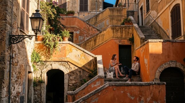 Orange and yellow Mediterranean staircases with a couple sitting, architectural street photography. Layered zigzag stone stairs and railings painted warm orange and ochre rise above two small arches,