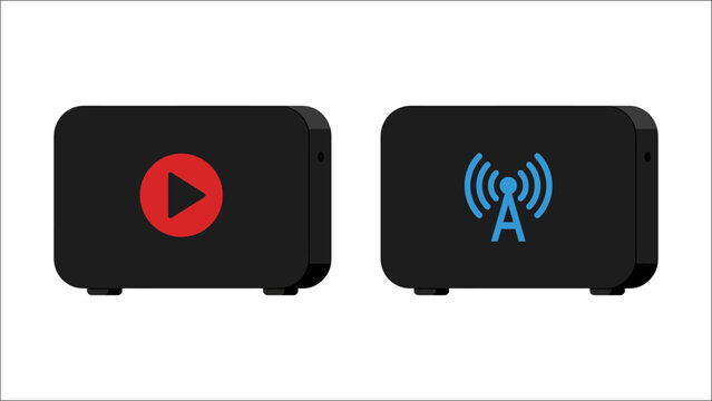 Modern digital media player icons, black streaming box with play button and wireless signal symbols, set of 2 vector hardware devices .