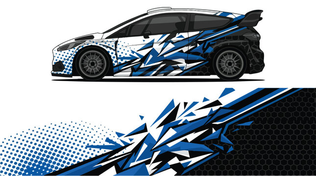 Car Wrap Design with Geometric Racing Livery in Blue and White