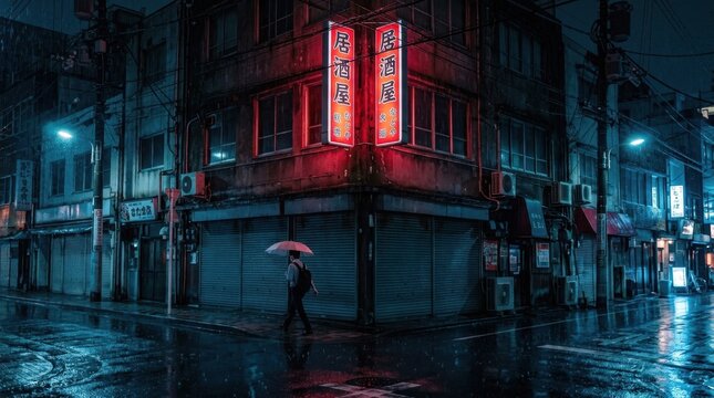 Red neon vertical sign above a rainy city street corner at night, urban street photography. A glowing red sign with white-edged Japanese characters hangs over dark buildings, while a lone pedestrian