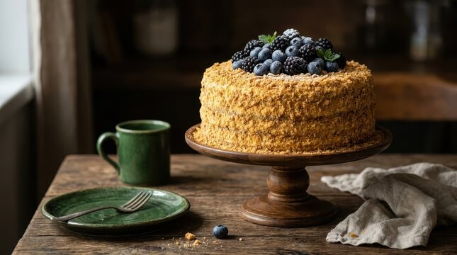 Round layered cake with golden crumb coating topped with fresh blackberries and blueberries on a wooden pedestal stand, green plate and mug nearby. Rustic wooden table, dark warm background, vintage