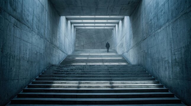 Lone person walking up illuminated steps inside a blue-gray concrete tunnel. Bands of light fall across wide stairs leading to a curved wall, with a small figure in dark clothing near the top. Cool