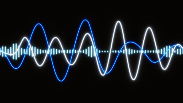 Seamless Audiovisual Backdrop. Blue Equalizer in Center With Two Luminous Sine Curves in Harmony On Solid Black Background, Endless Loop
