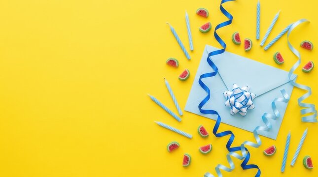 Birthday flat lay with watermelon candies, candles and party bow on yellow background, celebration photography. A vivid sunny yellow surface holds a pale blue envelope, a white and blue star bow,