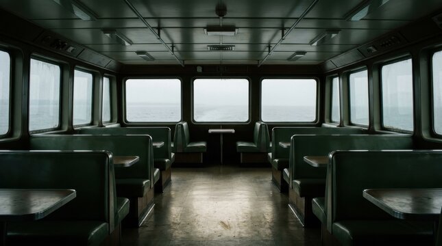 Dark interior of a ferry passenger cabin with empty benches and bright windows, moody transport scene. Green upholstered seating faces a small central table under a low ceiling, with pale hazy sea