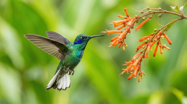 Green violet-eared hummingbird hovering by orange flowers, wildlife macro photography. A small bird with a long thin bill and white tail feathers spreads its wings below a curved branch of fiery