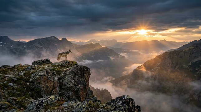 Lone wolf standing on a rocky outcrop above misty mountains at sunset, wildlife landscape. A small alert wolf stands on dark boulders facing layered alpine ridges, while golden sunbeams break through