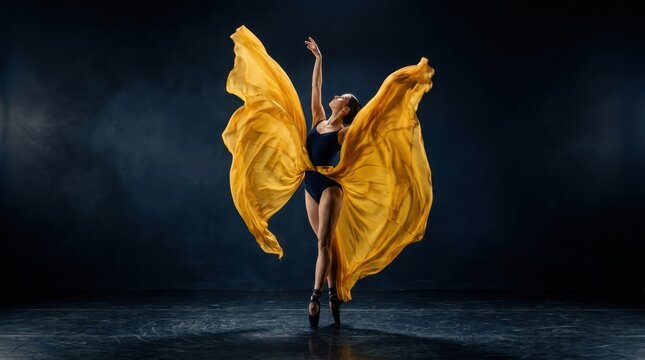 Ballet dancer in a dark leotard raising one arm while flowing yellow fabric swirls around her in dramatic wings. Dark navy studio background, soft sculpted lighting, vivid golden yellow against deep