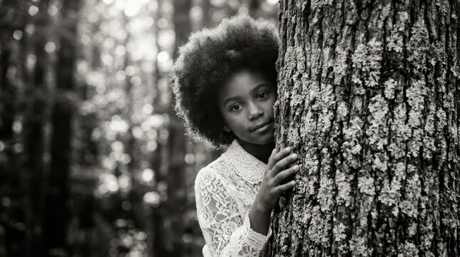 Black and white portrait of a young girl with a natural afro peeking from behind a lichen covered tree trunk in a forest, wearing a white lace blouse and holding the bark with one hand. Soft sparkling