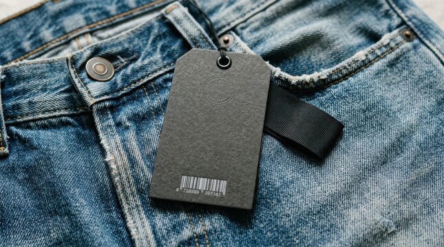 Black clothing label tag on denim fabric, branding mockup photography. A dark paper hang tag with embossed badge and barcode, with a black ribbon label, rests on faded blue jeans with a metal button