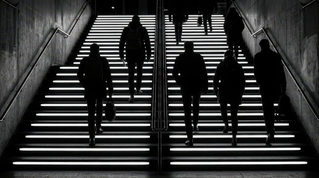 Black and white silhouettes climbing a stair lined with horizontal light bars. Dark figures ascend steps striped by bright lines on black. Rhythmic graphic composition, strong contrast, urban mood,