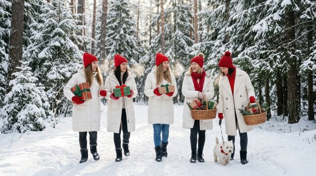 Group of smiling women in white winter coats and red hats, scarves and gloves carrying gift boxes and baskets in a snowy forest, with a small white dog. Bright snowy daylight, festive winter mood,
