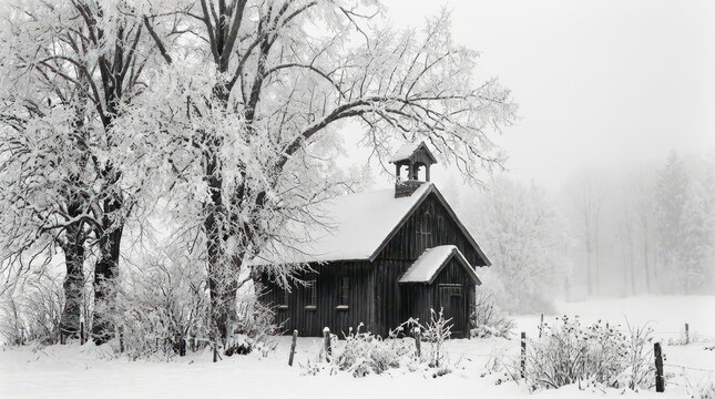 Black and white frosted trees beside a small wooden chapel in winter, rural landscape photography. Heavily rimed branches arch over a dark barn-like church with a tiny bell tower, snow-dusted shrubs
