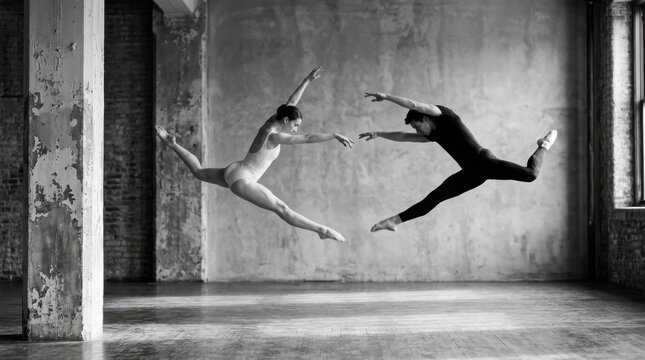 Black and white image of two dancers leaping toward each other in a mirrored pose on a studio floor, one in a light leotard and one in a dark outfit. Large textured pillar at left, gray wall, soft