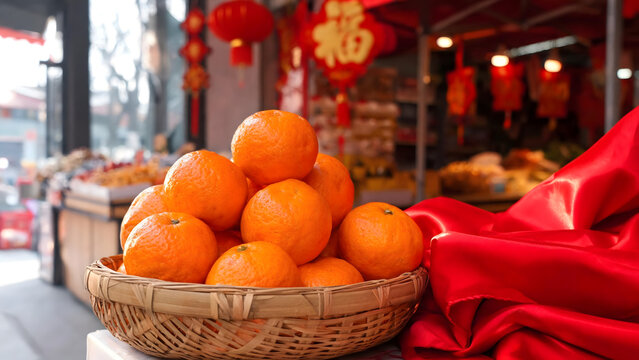 Festive still life showcases ripe mandarin oranges heaped inside woven bamboo basket beside lustrous red satin cloth, celebrating traditional abundance in sunny outdoor market setting.