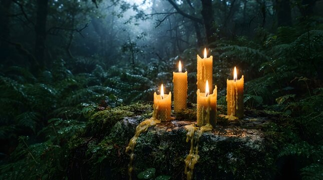 Group of beautiful melting candles with smoke on dark background inside a mysterious green forest