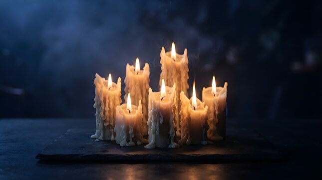 Group of beautiful melting candles with smoke on dark background creating a peaceful atmosphere