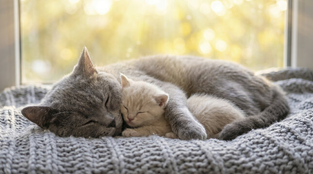 Adult cat rests beside tiny kitten on woven grey blanket near sunlit window. Peaceful mother feline cuddles tenderly against newborn offspring, enjoying tranquil warmth in cozy home setting.
