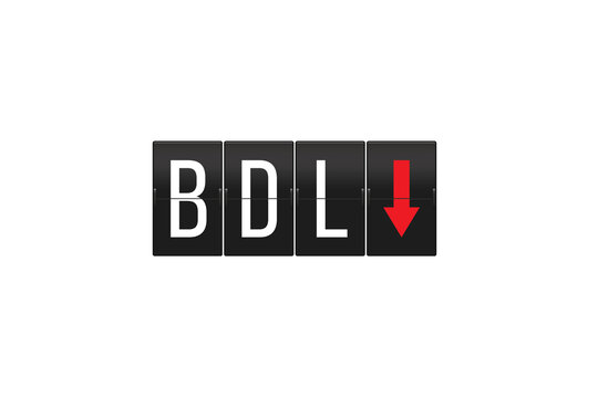 BDL airport code and a red down arrow icon displaying on a classic split-flap display board, representing departing flights or a decrease in travel, presented on a transparent background