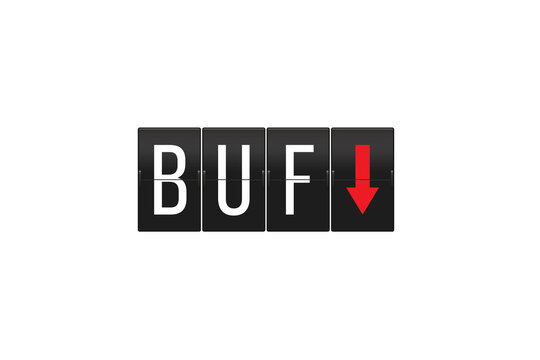 Airport split-flap display showing the three-letter code BUF for Buffalo, New York, with a red down arrow indicating an arrival, presented on a transparent background