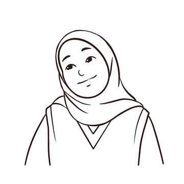 Smiling young woman wearing hijab in black line art style illustration on transparent background