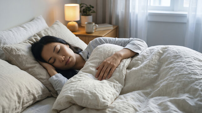Peaceful adult rests serenely across soft bedding, clutching plush pillow in warm bedroom. Gentle sleeper reposes quietly under clean sheets, embracing calm relaxation during cozy morning.