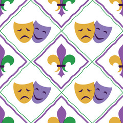 Mardi Gras carnival seamless pattern background featuring traditional theater comedy and tragedy masks, fleur de lis symbols and colorful geometric lines on a clean white isolated layout. © Oksana